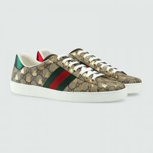 NEW GUCCI MEN&#039;S ACE BEIGE GG SUPREME WEB GOLD BEE SNEAKERS SHOES UK 8 | US 9