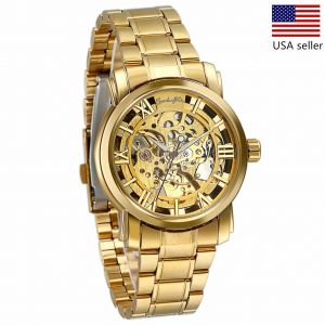 Luxury Mens Stainless Steel Gold Tone Skeleton Automatic Mechanical Wrist Watch