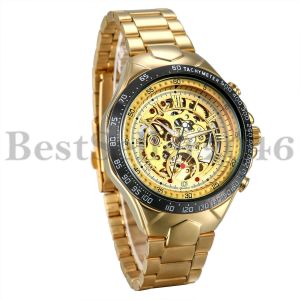 Mens Gold Luxury Classic Skeleton Stainless Steel Automatic Mechanical Watch